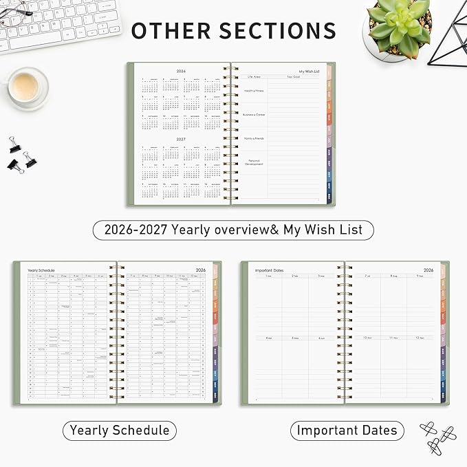 RETTACY 2026 Planner, Weekly and Monthly, Medium Size (5.7" x 8.3"), Jan - Dec 2026, Agenda, Calendar, 12 Month Tabs, Flexible Plastic Cover, 100 GSM Thick Paper, Spiral-bound (Light Green)