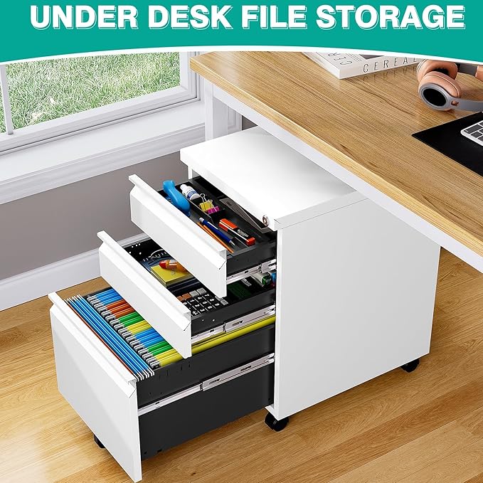Assembled 3 Drawer File Cabinet with Wheels,Under Desk File Cabinet with Lock,White Rolling Filing Cabinets, Metal Filing Cabinets for Home Office,Fit A4/Letter/Legal,Pre-Assembled Except Caster