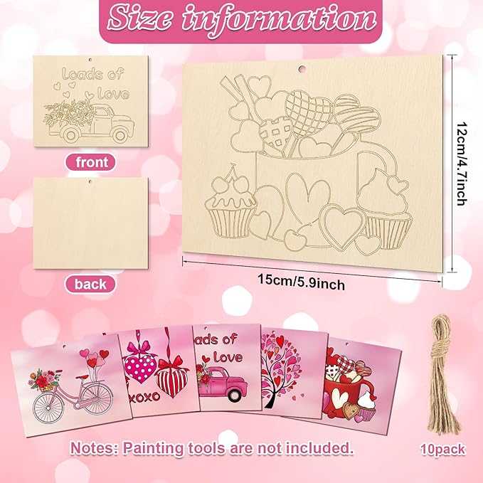 COCHIE 10 Pieces Large Valentine's Day Unfinished Wood Crafts to Paint for Kids Adults, Bulk Predrilled Wooden Ornaments for Painting, Heart Pattern Paintable Wood Slices Craft Supplies with Ropes