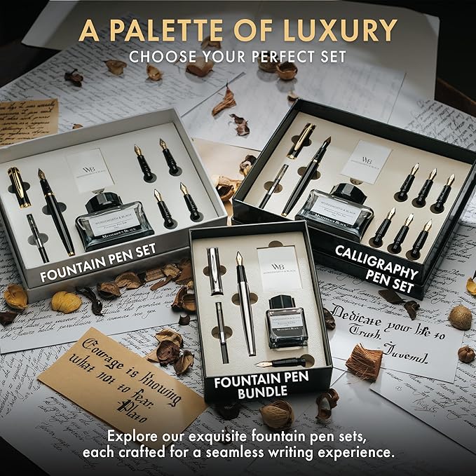 Wordsworth & Black Fountain Pen Set,18K Gilded Medium and Extra Fine Nib,25ML Black Ink Bottle,6 Ink Cartridges,Refill Converter,Gift Box,Smooth Writing Pen [Silver Chrome],Gift Set for Men and Women