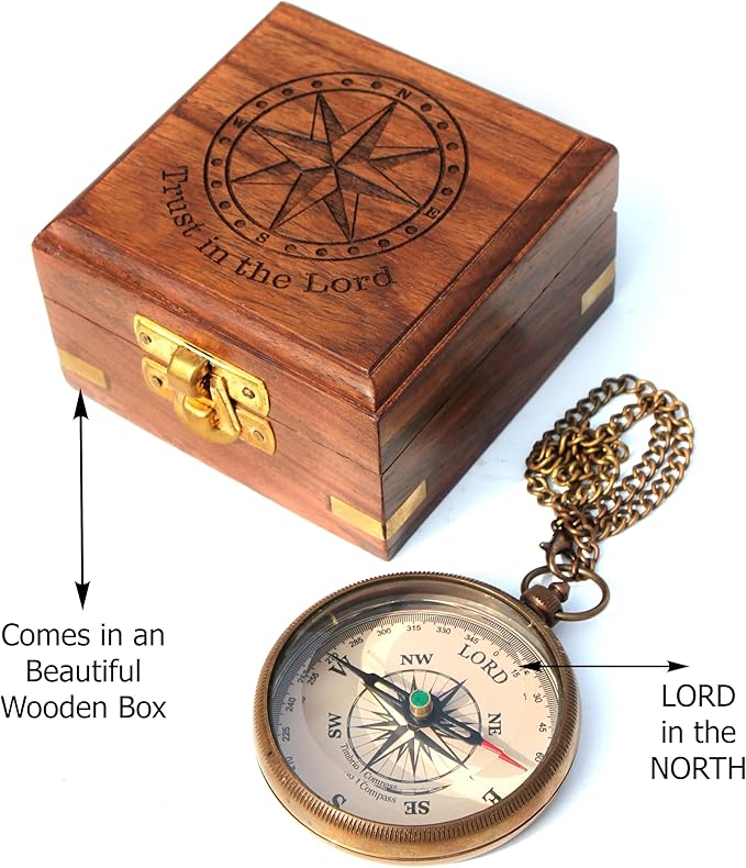Trust in The Lord with All Your Heart -Proverbs 3: 5-6 Quote Engraved Compass with Wooden Box, Baptism Gifts for Boys, Inspirational Gifts Men, Graduation Day Gifts, First Communion Gifts