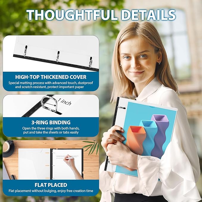 WOT I 1 Inch Telescoping 3 Ring Binder 4 Pack, Expandable Flexible Binder with Customizable Front Cover & Clear Catalog Pocket, Holds 225 Sheets, School Office Supplies, Black+White