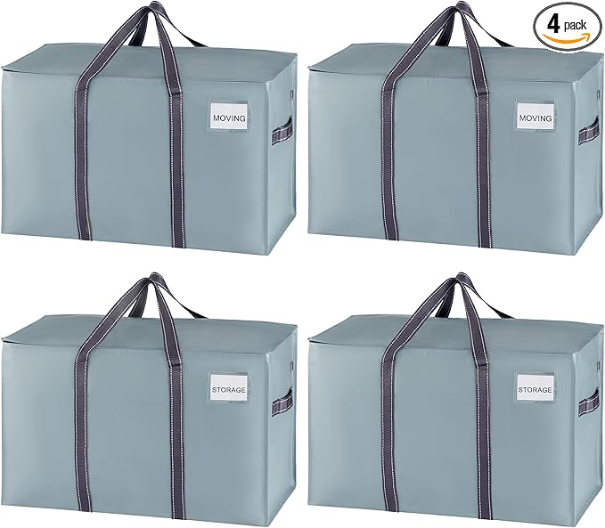 VENO 4 Pack Moving Bags, Heavy Duty, Moving Boxes Alternative, Packing Storage Supplies for Dorm Room Essentials with Zipper for Clothes, Extra Large Totes for Packaging (Light Blue Matte, 4 Pack)