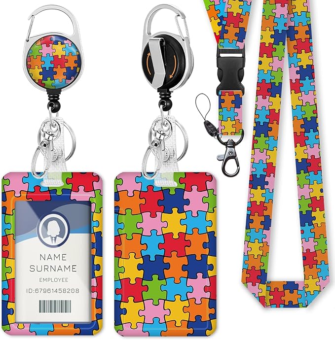 Autism Awareness ID Badge Holder with Breakaway Lanyard, Fashionable Lanyards for ID Badges Women, Cute Puzzle Badge Reel Retractable, ID Card Holder Keychain Name Badge Clip, Nurse Teacher Gifts