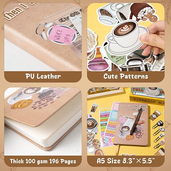B1ykin Notebook Sticky Notes Stationery Set, 6Pcs Hardcover Ruled Journal Notebook with Planner Stickers, Neutral Pen Bookmarks Clips Birthday Gift for Office School Students (Coffee)