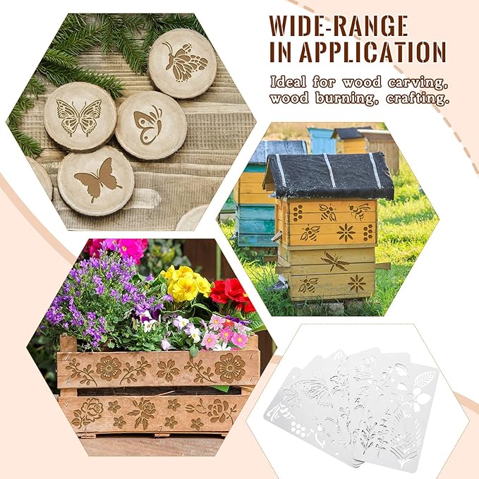 Lewtemi 6 Pcs Mixed Metal Stencil Wood Stencil Templates Stencils for Journaling Burning Stencils for Wood Carving Drawing Engraving Scrapbooking Journal Craft DIY(Plant Style)