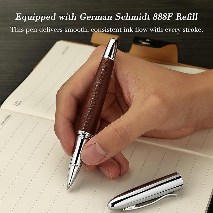 BEILUNER 318 Luxury Leather Pen, Hand-Stitched Premium Leather, Chrome-Plated Finish, Schmidt Ink Refill, Fancy Rollerball Pen Gift Set for Men & Women, Executive Writing, Nice Designer pen