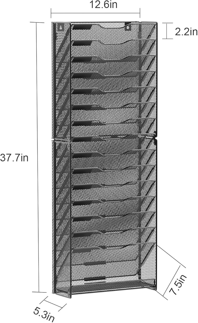 samstar 16 Tier Wall File Organizer Hanging Wall File Holder Wall Mount Paper Folder Organizer, Magazine Rack, Mesh Made,Black