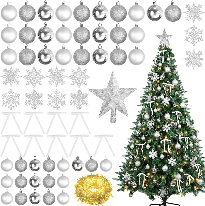 86Pcs Led Light Silver Christmas Tree Decorations Set 100 Led Light Christmas Star Trees Topper with String Lights Xmas Balls Snowflakes Ornaments Bows Xmas Trees Decor 20m Light String