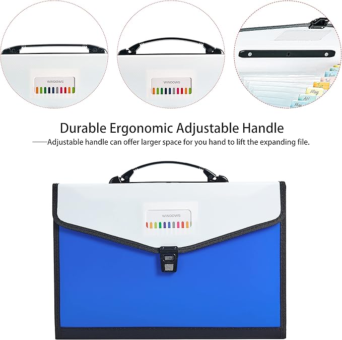 Legal Size 13-Pockets Expanding File Folder with Handle, Plastic Accordion Filling File Folder Expandable Monthly Portable Paper Document Organizer for Office School & Home (Blue-1)