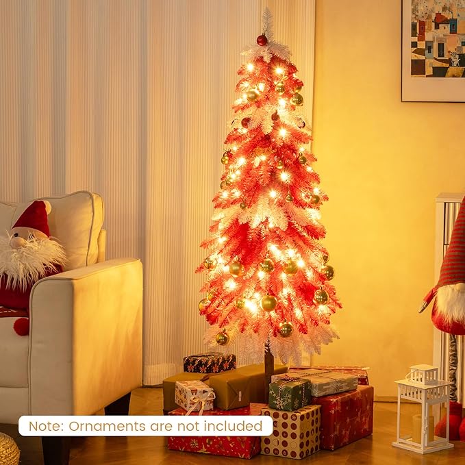 Happygrill 5 FT Artificial Christmas Tree, Candy Cane Xmas Tree with 301 Branch Tips, 100 Warm White LED Lights & Metal Base, Holiday Decoration Tree for Party Carnival