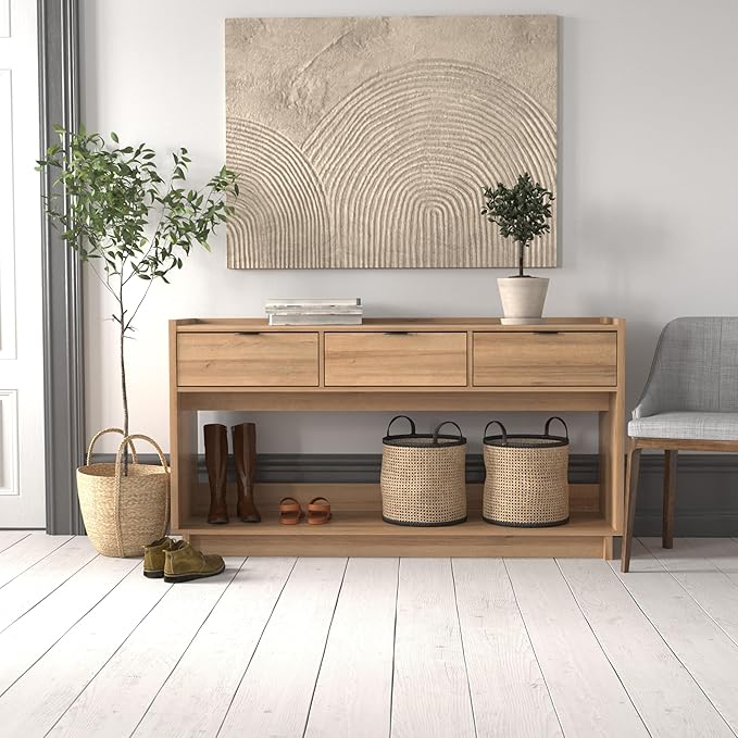 Prepac Natural Oak Simply Modern Entryway Table, Narrow Console Table with 3 Drawers, Media Console with Storage, 15.75" D x 60.25" W x 32" H