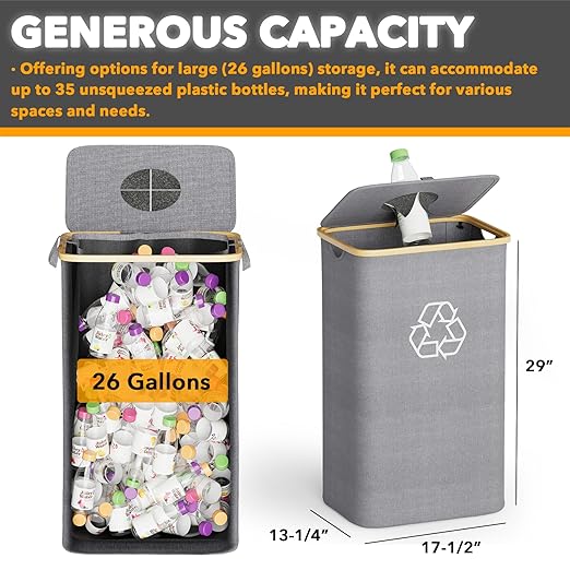 SpaceAid Recycling Bin for Kitchen 26 Gallon, 100L Recycle Bin with Lid and 2 Reusable Inner Bags, for Bottle Can Glass Plastic Stickers, Grey