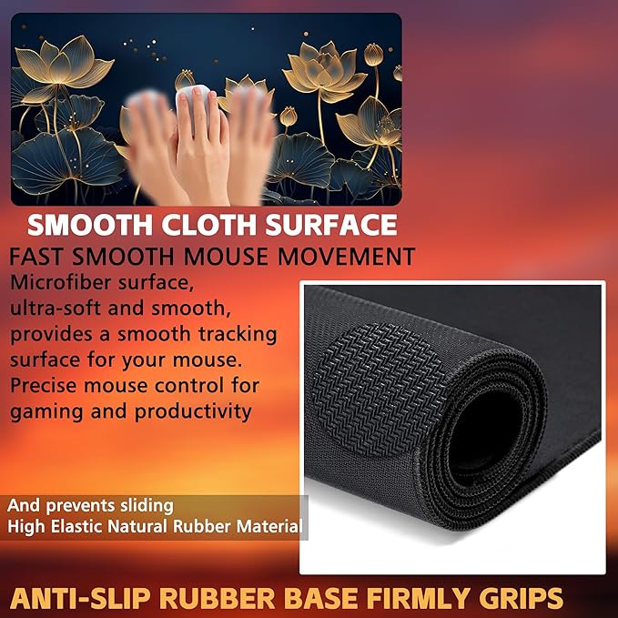 Desk Pad,Luxury Golden Lotus Line Arts Desk Mat,Dark Blue Background Large Gaming Mouse Pad for Desk,31.5"x15.7" Extended Big Computer Keyboard Mouse Pad with Non-Slip Base and Stitched Edge