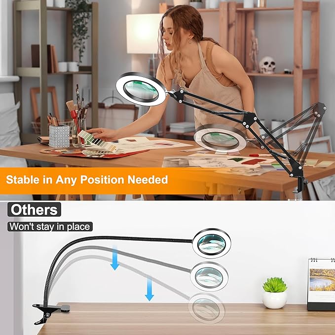 10X Magnifying Glass with Light and Stand, 2-in-1 LED Magnifier Desk Lamp, 3 Color Modes 10 Level Dimmable, Hands-Free Lighted Magnifier for Craft Repair Nail Reading Close Works (Black, Base)