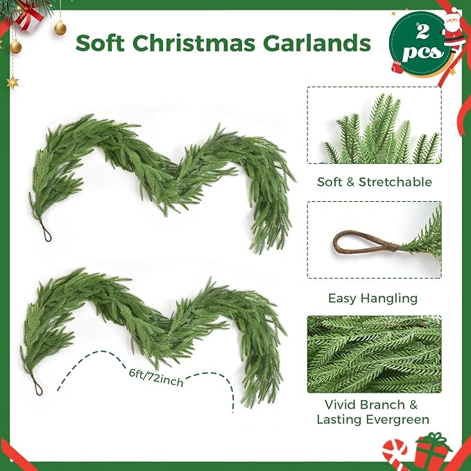 12FT(2 * 6FT) Christmas Norfolk Pine Garlands, Winter Decor Real Touch Pine Garland, Artificial Greenery Xmas Garland for Holiday, Table, Wall, Fireplace, Mantel, Indoor & Outdoor Decoration (2 Pack)