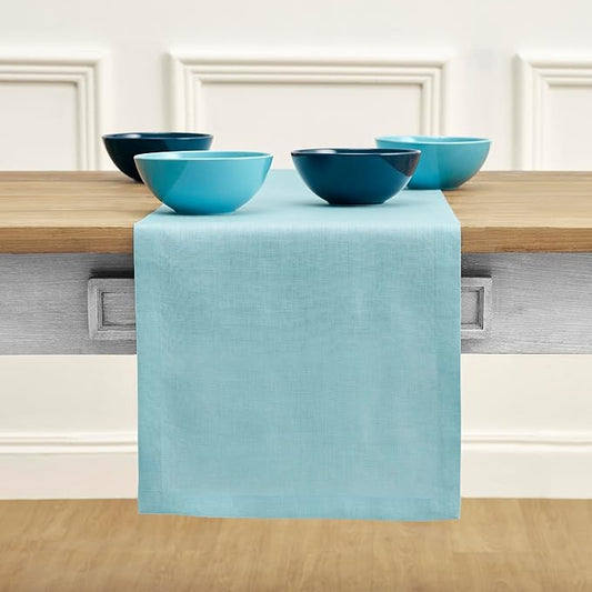 Solino Home Linen Aqua Blue Table Runner 120 Inches Long - 100% Pure Linen 14 x 120 Inch Table Runner for Dining - Fete
