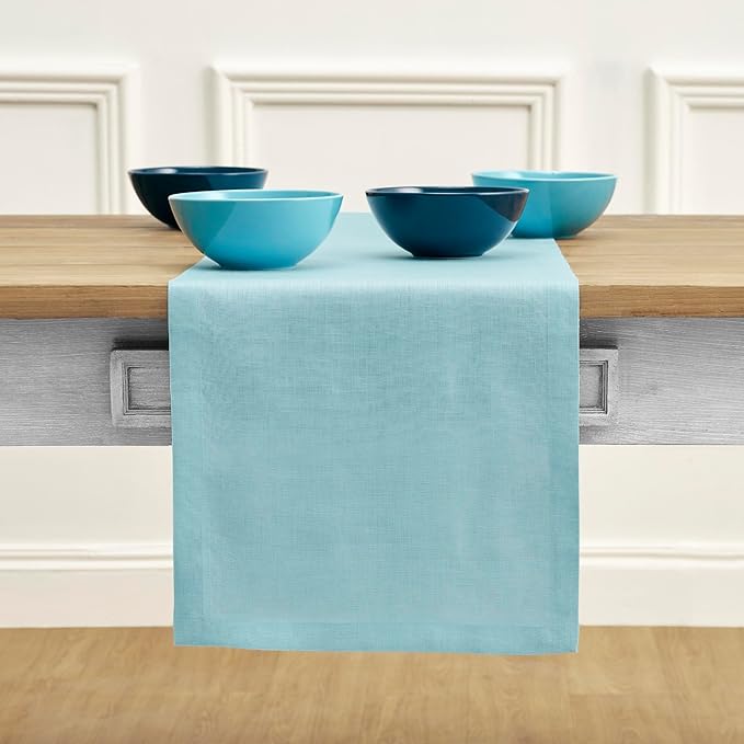 Solino Home Linen Aqua Blue Table Runner 108 Inches Long - 100% Pure Linen 14 x 108 Inch Table Runner for Dining - Fete
