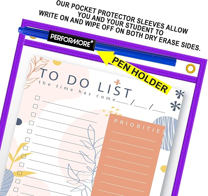 Office Werks Stitched Dry Erase Pockets, Heavy Duty Reusable Sleeves 11.75" X 9.5", Clear Both Sides Plastic Sleeves with 3 Holes for Office, Classroom and More, 5 Trim Assorted Colors (Pack of 10)