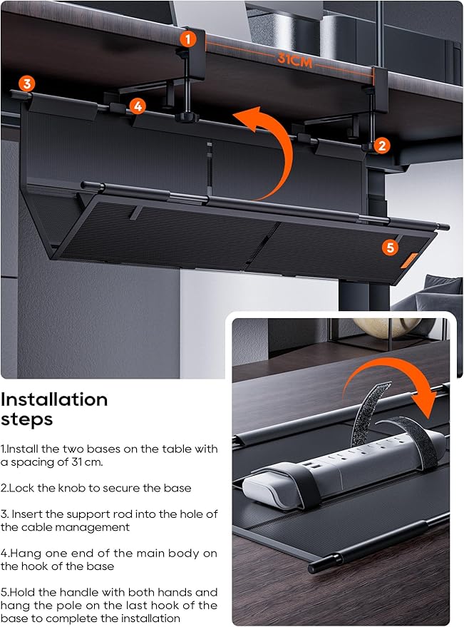 Under Desk Cable Management Tray No Drill, Cable Ties Included, Eco-Friendly Canvas Material, Mesh Design for Heat Dissipation, Cable Organizer/Storage for Standing Desk(27inch, Black)