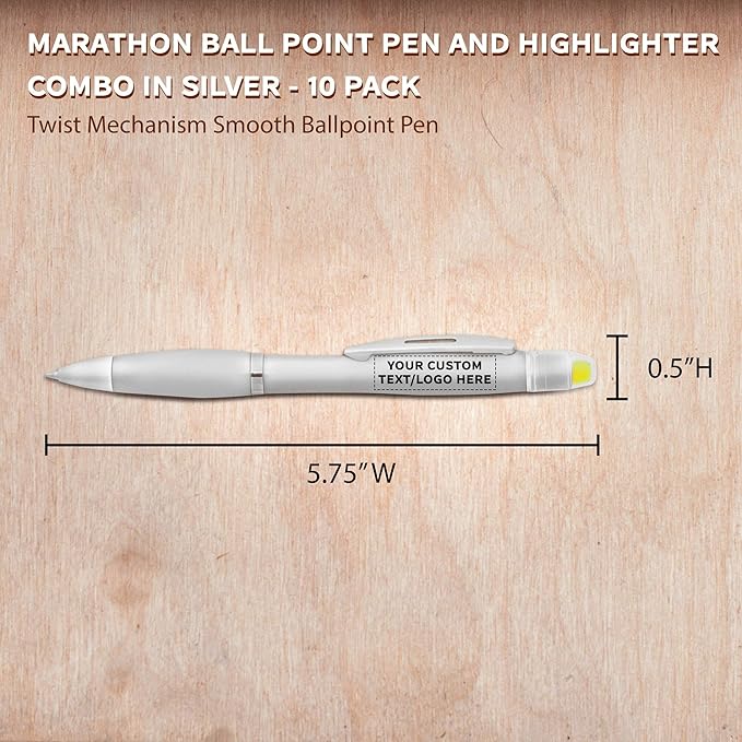 DISCOUNT PROMOS 10 Marathon Gel Highlighter Pens Pack - Customizable Text, Logo - Twist Mechanism, Ballpoint - Silver