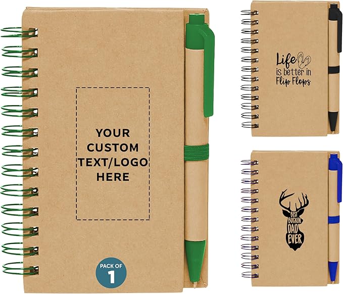DISCOUNT PROMOS Custom Mini Spiral Notebooks with Black Ink Pens Set of 1, Personalized Bulk Pack - Perfect for Office, Business, Home - Green