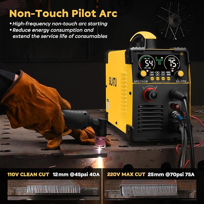 SILATU 75Amps Plasma Cutter, Large LED Display, Non-Touch Pilot Arc, Air Sensor Technology, 110/220V Dual Voltage IGBT Inverter Plasma Cutter Machine, 1'' Max Cutting Thickness for Beginners DIY