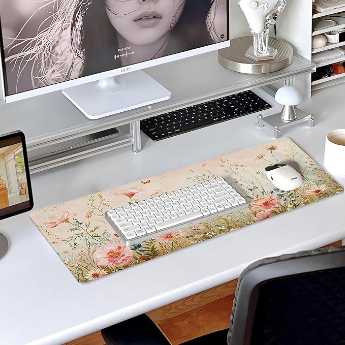 31.5”x11.8”Large Gaming Mouse Pad for Desk, Mouse Mat with Seamed Edges, Waterproof Desk Pad, Non-Slip Rubber Base, Keyboard Pad Computer Mat, Big XL Mousepad-Flower Wild Grasses