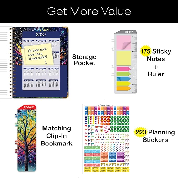 HARDCOVER 2026 Planner, 8.5"x11": 14 Months (November 2025 - December 2026), Daily Weekly Monthly Planner, Yearly Agenda, Bookmark, Pocket Folder and Sticky Note Set (Black Tree Seasons)