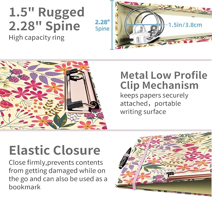 Ospelelf 3 Ring Binder 1.5 Inch, Cute Binder for Letter Size (11" x 8.5") with 5 Tab Dividers, File Folder Labels and Low Profile Clipboards, Floral Binder for School Supplies and Office Supplies