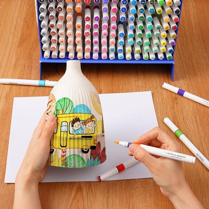 9 Color Acrylic Paint Markers, Water-Based Acrylic Markers for Artists Adults Coloring Drawing Cartoon Anime Comic - Brush Tip for Rock Painting, Wood, Canvas, Fabric (Ice Cream Bear Series)