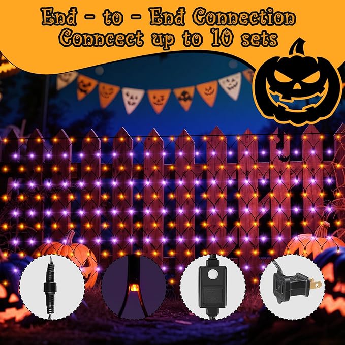 HYH Halloween Net Lights,360 LED 12FT x 5FT Halloween Decor Fairy Orange&Purple with 8 Modes String Connectable Waterproof Outdoor Lights,Hanging Light for Indoor Party Yard Garden Bushes Decorations