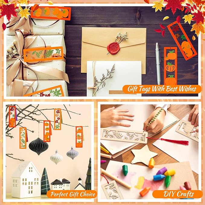 Yexiya 200 Pcs Fall DIY Wood Bookmarks Kit Unfinished Color Your Own Hollow with Tassel 100 Set Autumn School Art Craft Turkey Pumpkins Supplies for Students Classroom Thanksgiving Reward Fillers