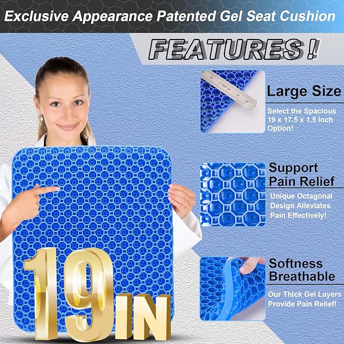Seat Cushion, Gel Seat Cushion for Long Sitting– Back, Sciatica, Tailbone Pain Relief Pad, 19in Seat Pad for Car, Office Chair, Wheelchair, Soft Support for Long Trips