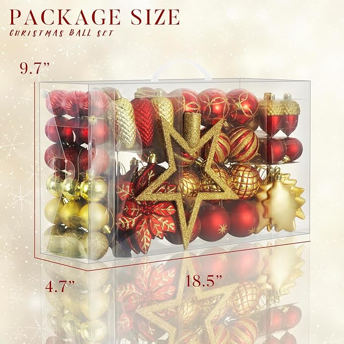 LARAINE Christmas Balls Ornaments 106 Pcs Decorations for Christmas Tree, Shatterproof Hanging Ball Variety Gift Set of Holiday Party Wedding Decoration (Red&Gold)