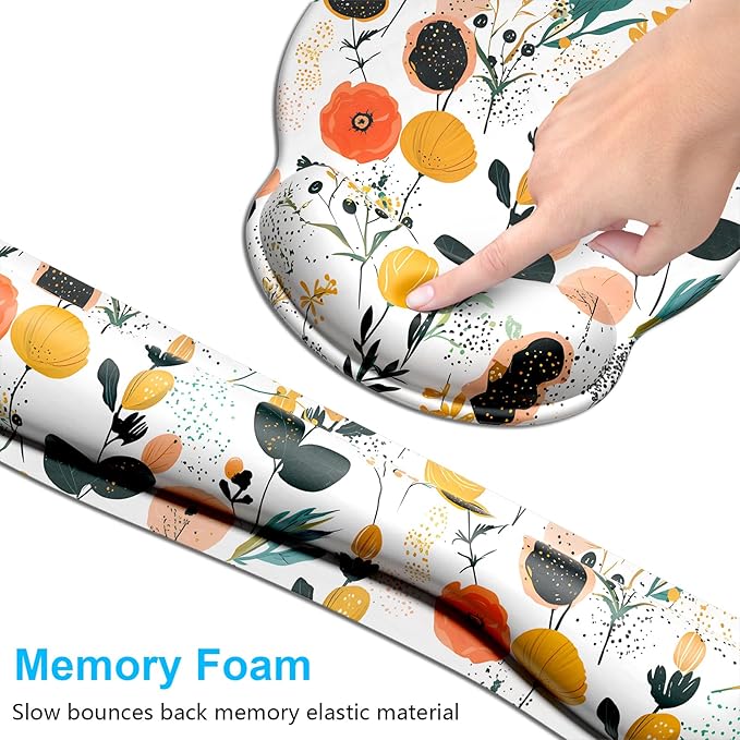 Dapesuom Keyboard Wrist Rest and Mouse Pad with Wrist Support, Memory Foam Cushion for Keyboard and Mouse Set, Ergonomic Desktop Pad Rests with Non Slip Base for Easy Typing & Pain Relief, Cute Herbs