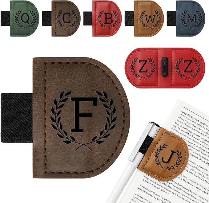 Personalized Bygone Mark Bookmark with Pen Holder,Engraving Leather Magnetic Bookmarks Vintage 26 Letters Name Initials Text Book Marker Clips Gifts for Reading Book Lovers Women (Coffee, F)