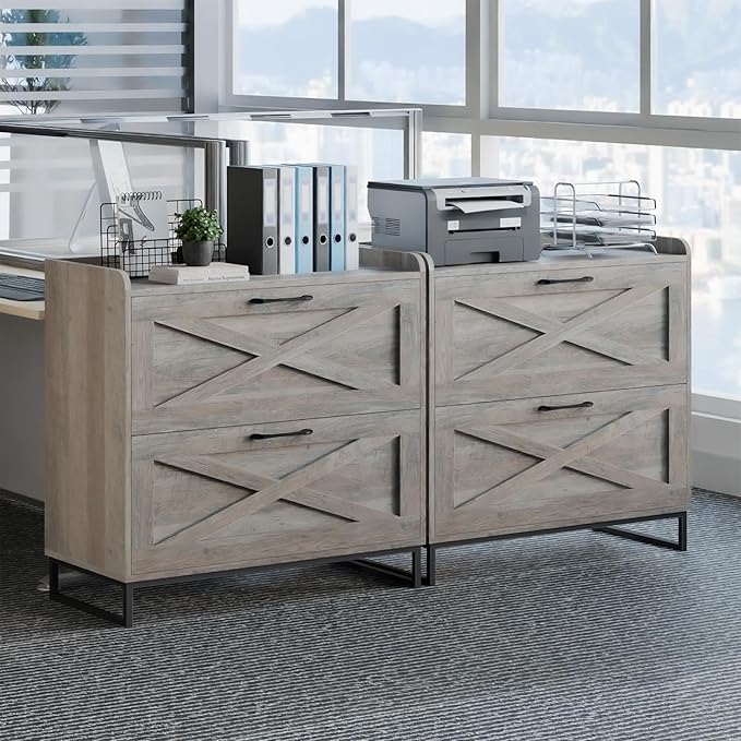 Lateral File Cabinet 2 Drawer File Cabinet with Charging Station for Legal/Letter/A4 Size Hanging Files, Modern Farmhouse Large Wood File Storage Cabinet for Home Office Furniture(Washed Gray)
