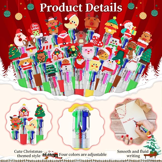 CZWZ 30Pcs Mini Multicolor Pens in One 4-in-1 Cute Pens Bulk for Kids, Ballpoint Pen for Birthdays and Children's Parties, Fun Gifts Assorted Ink Kawaii Pen(Christmas)