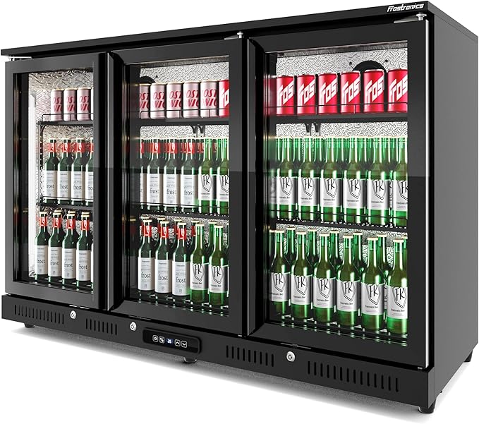 54 inch 318-can Triple Hinged Door Back Bar Cooler, 10.42 cu. ft. Under Counter Glass Door Bar Fridge with hinged doors, lockable, 32-50°F Beverage Refrigerator, ETL Certified, Black