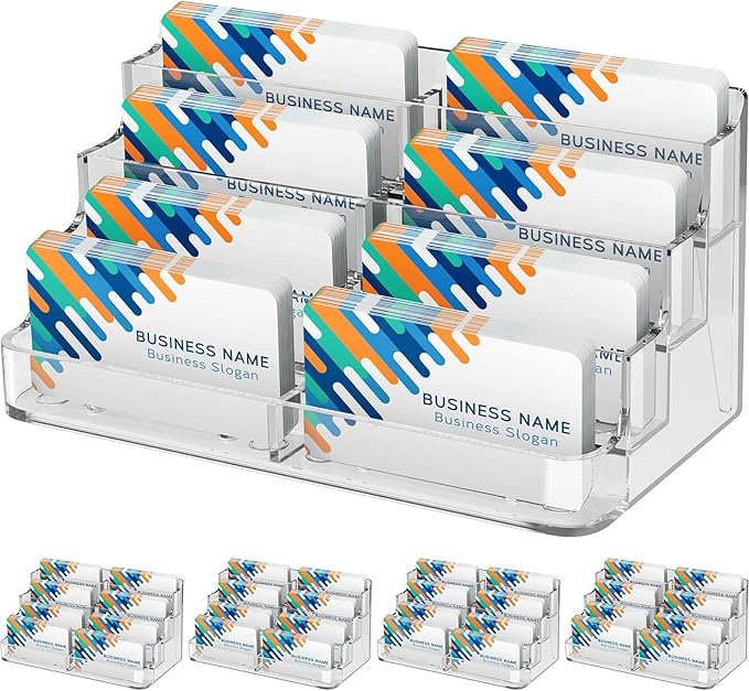 MaxGear Acrylic Business Card Holder for Desk Multiple Business Card Holders, Premium Cards Stand, Clear Plastic Cards Display Holder with 4 Tier for Exhibition, Home and Office, 8 Pocket, 4 Pack