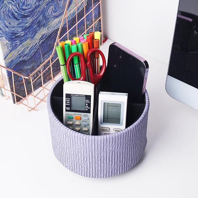 Hennaja Round Leather Art Supply Organizer,Remote Control Holder,360 Degree Spinning,Multi-Functional Pencil Holder,4 Compartments Desktop Stationary Organizer(1-Vertical Wood Purple)