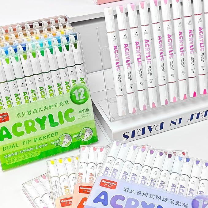 kander 12 Colors Dual Tip Acrylic Paint Markers, Blue Color — Extra Fine & Soft Brush Pen Set with Direct Ink Flow for Sketching, Detailing, Coloring on Wood, Canvas, Rock, Glass, DIY Crafts