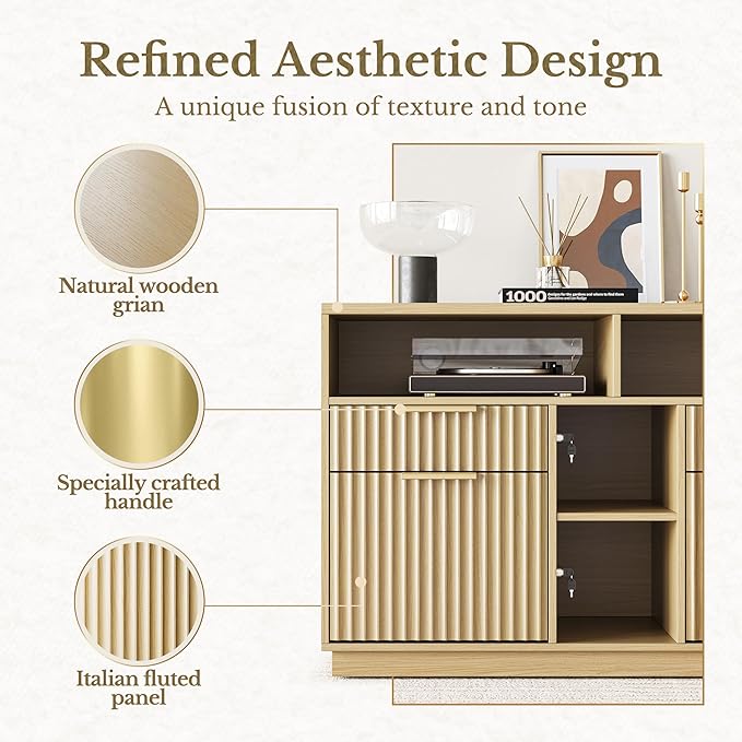 4 Drawer File Cabinet, Fluted Wood Lateral Filing Cabinet with Lock and Charging Station for Home Office, Printer Stand with Open Storage Shelves, Fits A4, Letter Size, Light Waulnut