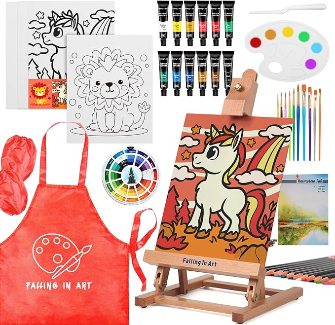 Falling in Art 52Pcs Acrylic Paint Set with Table Easel, Art Painting Kit with Acrylic Paints, Canvas Panels, Paintbrushes, Canvas Supplies Kit for Kids, Adults, Beginners, and Artists, Red