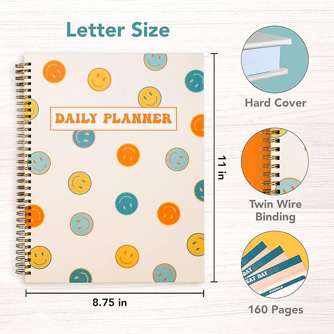 Undated Daily Planner Notebook 8.5x11, To Do List Notebook, Habit Tracker Journal, A4 Large Hardcover Spiral Schedule Notebook Planner, Retro Aesthetic Daily Planner Undated for Students Girls Teens