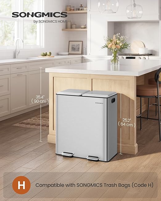 SONGMICS Trash Can, 2 x 8 Gallon (2 x 30 L) Double Garbage Can with Soft-Close Lids, Removable Inner Buckets, Pedals, Stainless Steel, for Waste and Recycling, Metallic Silver ULTB743E01