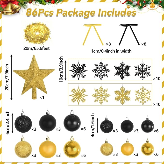 86Pcs Led Light Black and Gold Christmas Tree Decorations Set 100 Led Light Christmas Star Trees Topper with String Lights Xmas Balls Snowflakes Ornaments Bows Xmas Trees Decor 20m Light String