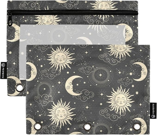 ZAZYXTJ Sun Binder Pencil Pouchs 3 Ring with Zipper Clear Window Office Organizers bag for School Students Teacher Supplies 2 Pack