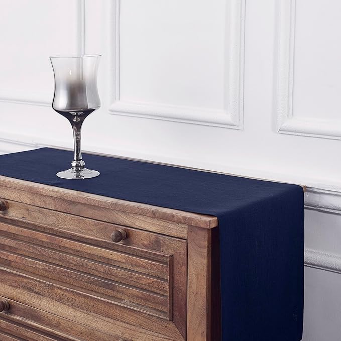 Solino Home Linen Navy Blue Table Runner 48 Inches - 100% Pure Linen Small Table Runner 14 x 48 Inch Ideal for Dresser and Coffee Tables - Fall, Autumn, Thanksgiving, Christmas, Holiday, Winter - Fete